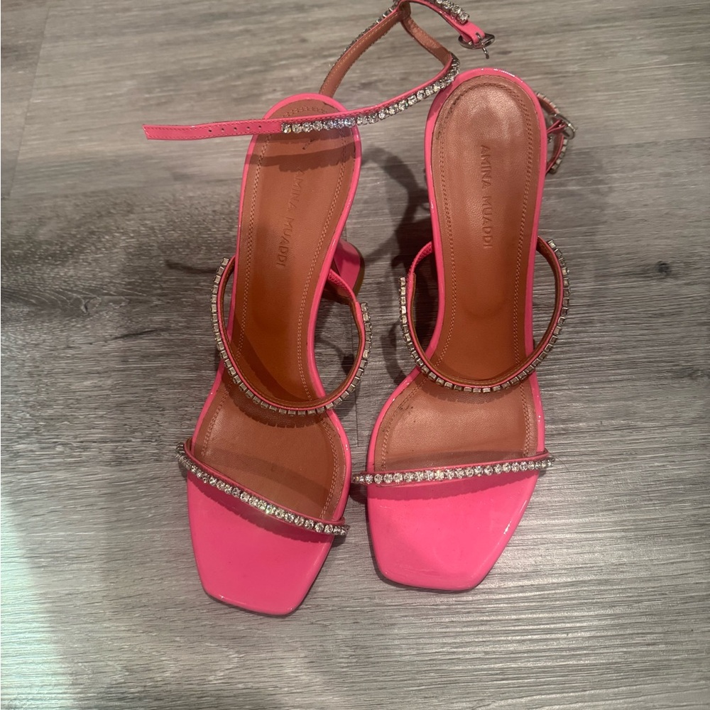 Amina Muaddi Vibrant Pink Heels with Rhinestone Accents